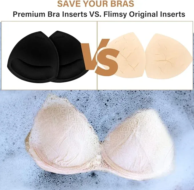 Nimiah Bra Pads Insert 3 Pairs Sewn Edge Bra Inserts AB, CD, DE Cups | Swimsuit Replacement Pad Beige Black White Optional - Black